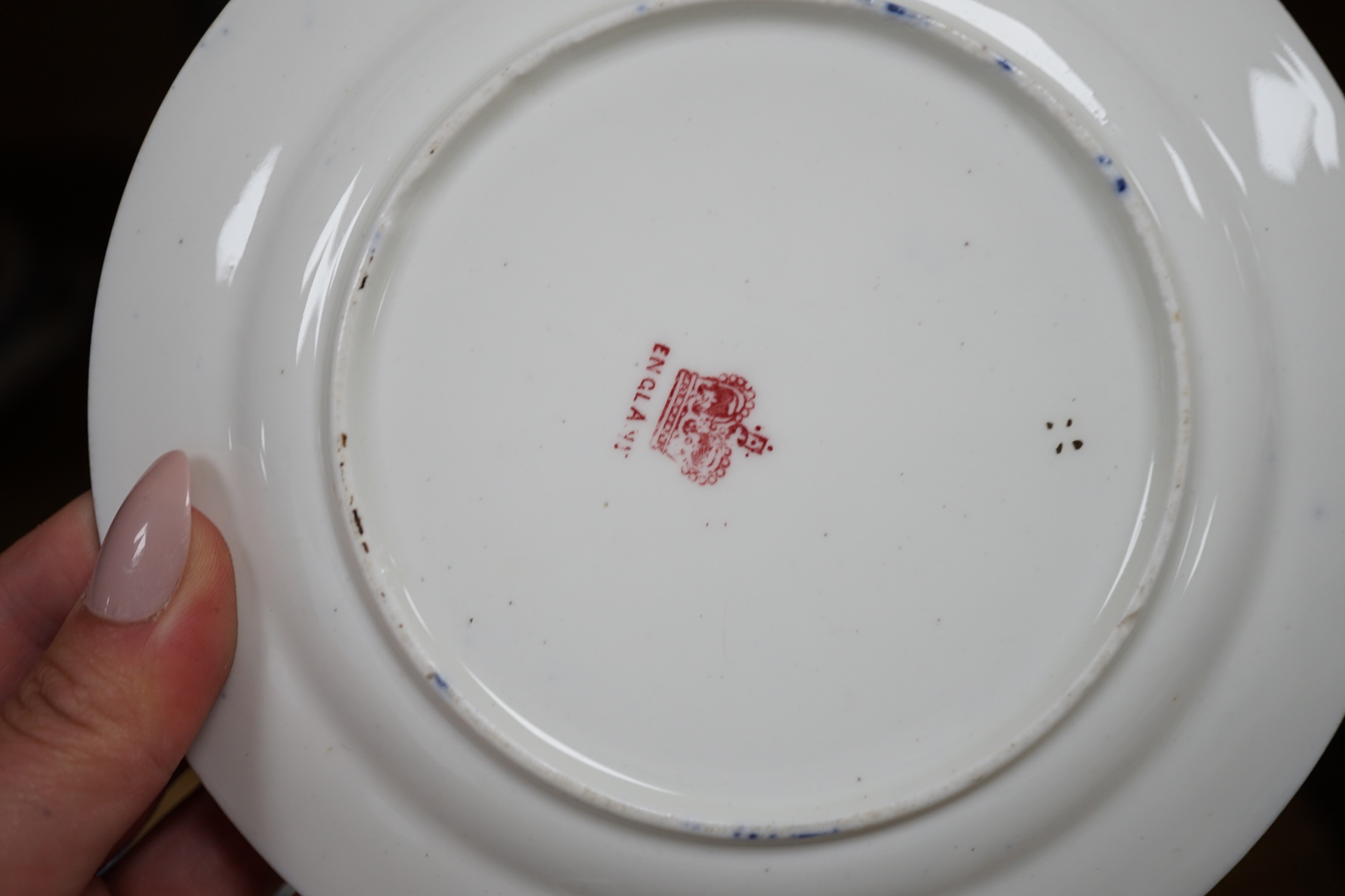 A mixed Wood and Sons ‘Delph’ patterned blue and white dinner service, including oval meat platters, various sized plates and two pairs of tureens and covers. Condition - fair to good